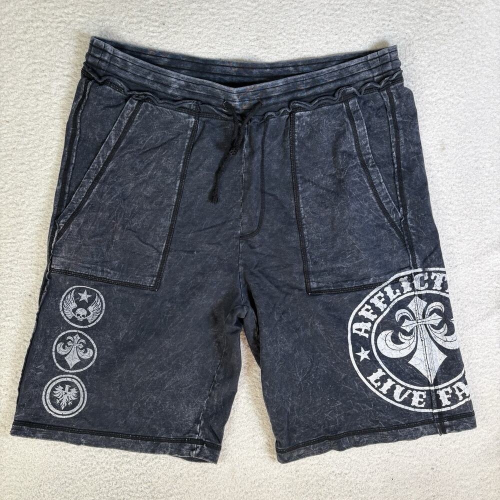 RARE Affliction Shorts Mens Large 35 Black Y2K USA Made Knit Cotton Drawstring